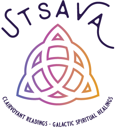 Utsava Spiritual Psychic Medium logo purple violet orange gradient triquetra symbol